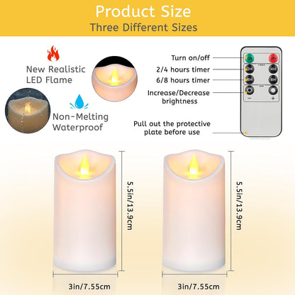 Flameless Candles 4" 5" 6" Set of 3 Ivory Outdoor Indoor Pillars 3" Diameter Battery Operated Flickering Candles Include 10-Key Remote Timer Function 400+ Hours Requires 2 AA Batteries（3 Pack)