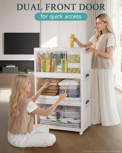 OlarHike 144QT Lockable Storage Bins with Lids - Folding Cabinet with Doors & Wheels, Collapsible Plastic Drawers for Dorm, Closets, Office, Game Day, College, Stackable Organizer, Gifts, 3 Pack