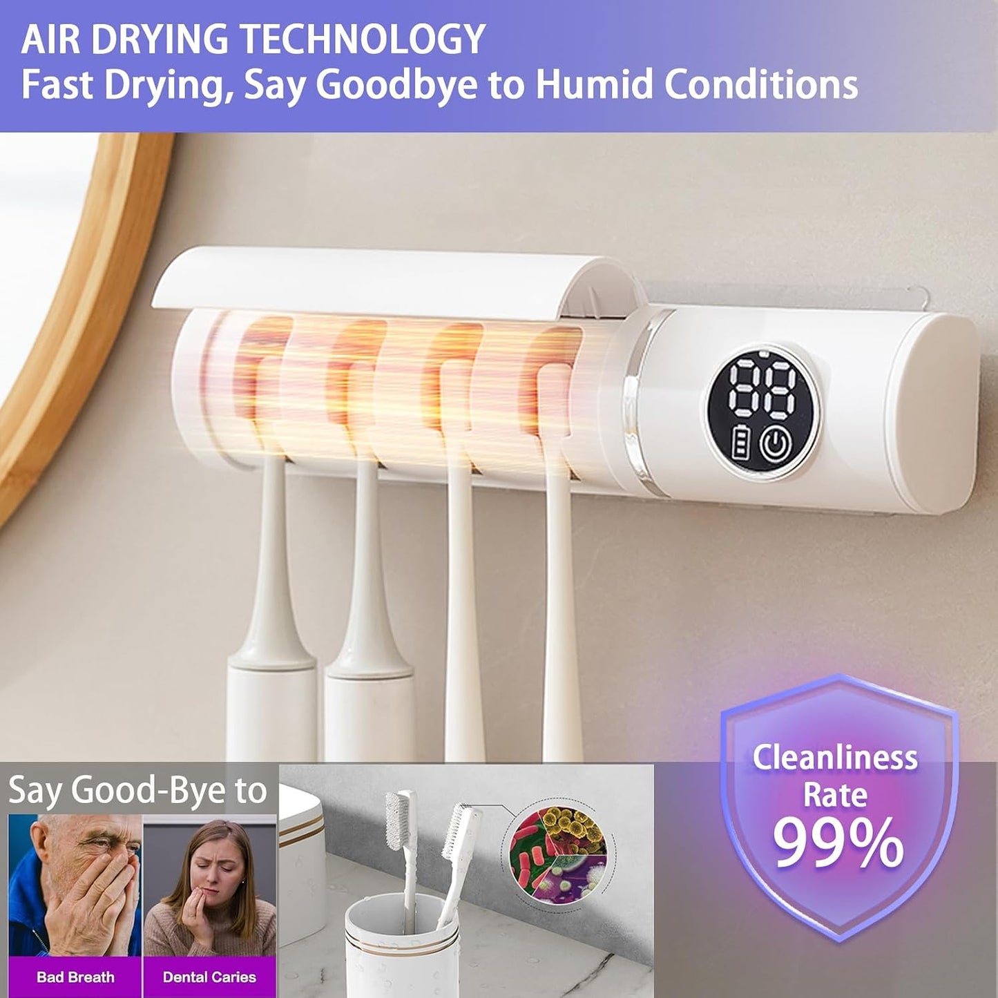 Wall Mounted Toothbrush Holder, Electric Smart Toothbrush Holders with Cleaning & Drying, 4 Toothbrush Slots Cleaner Case with Dust Cover, Toothbrush Organizer for Bathroom (White)