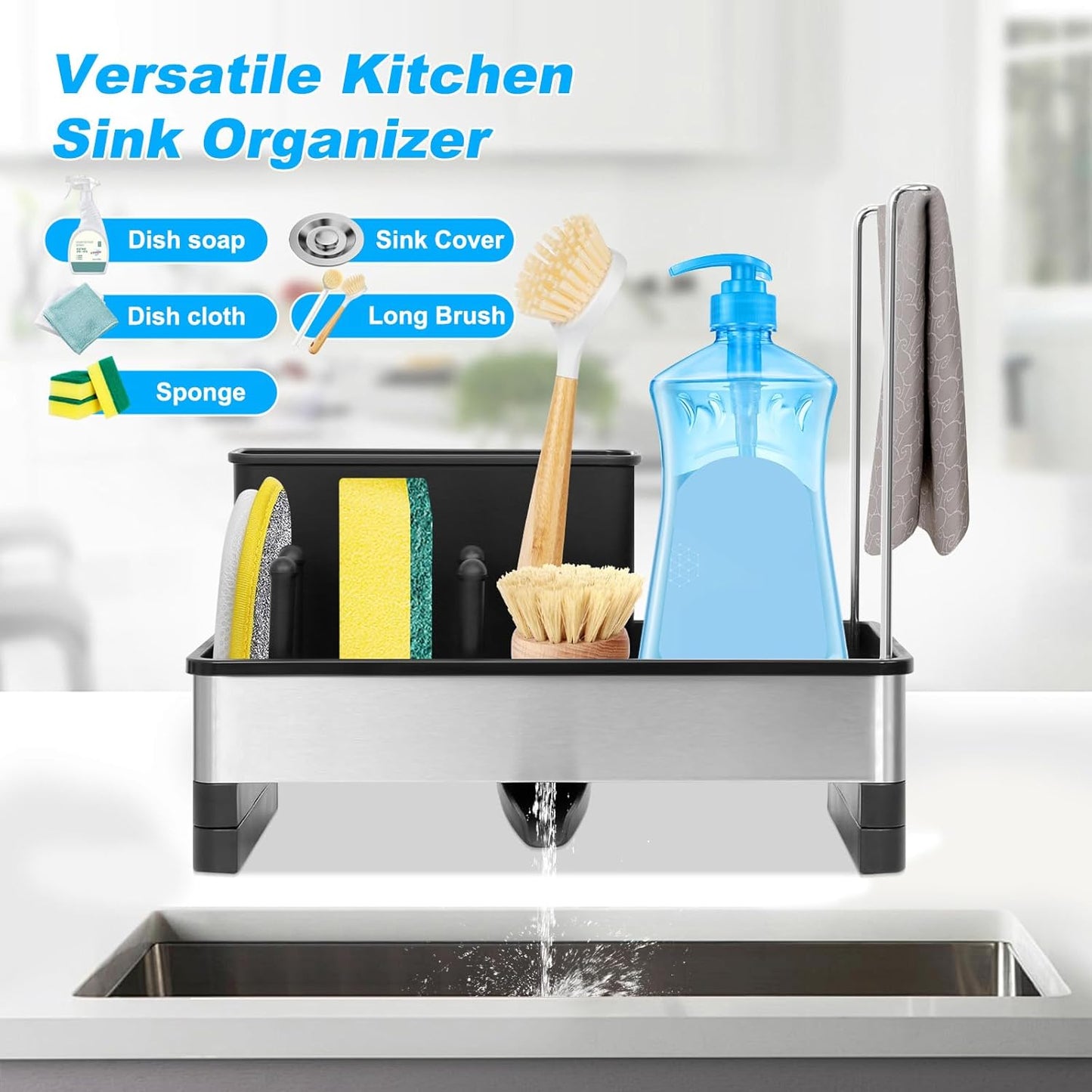 Kitchen Sink Caddy,Sponge Holder for Kitchen Sink with Dish Brush Holder, Auto Drain Tray, Sponge Drain Rack,Stainless Steel Sink Organizer Countertop，Sponge Soap(Grey)