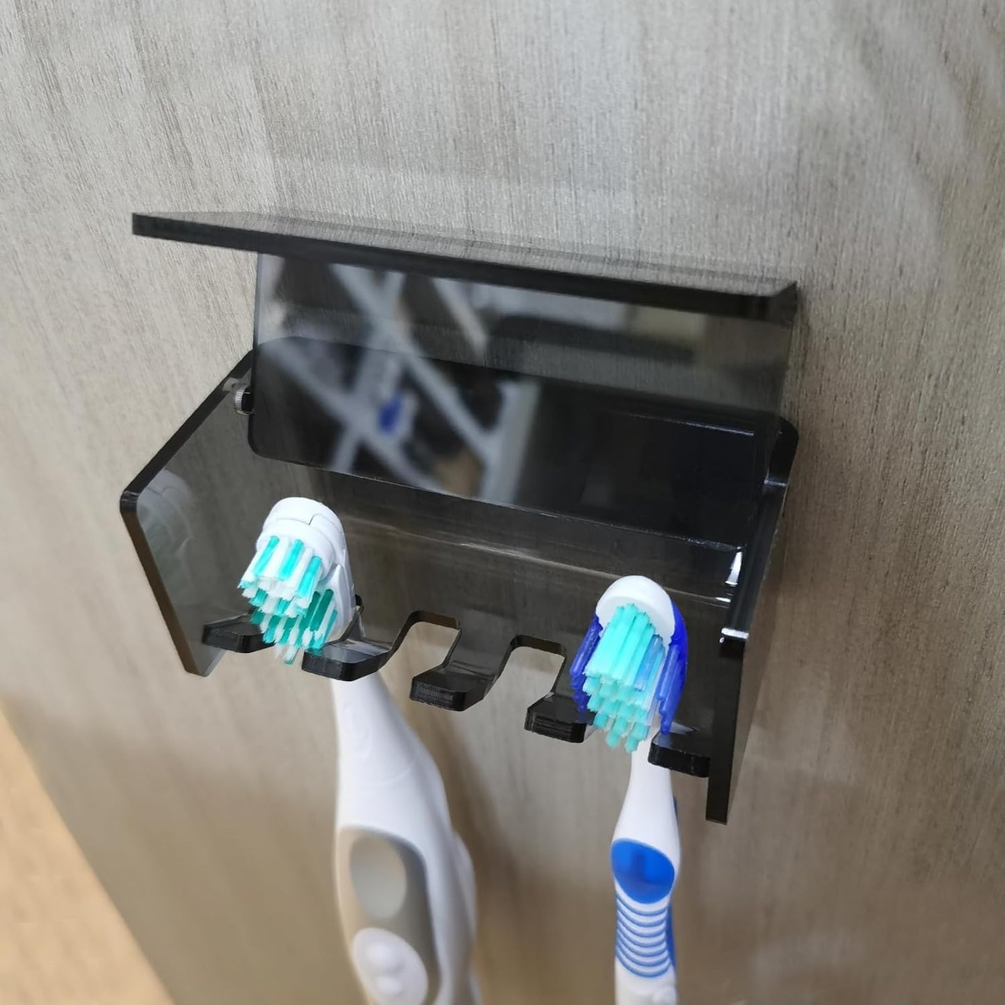 5 Slots Wall Mount Toothbrush Holder with Cover, Self Adhesive Toothbrush Storage Organizer for Shower, Toothbrush Hanger with Automatic Toothpaste Squeezer Dispenser