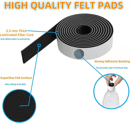 Furnigear Felt Strips with Adhesive Backing Heavy Duty Cuttable Felt Tape Roll Furniture Pads for Chair Legs - Protecting Hardwood Floors, Chair Wall Protector (Black, 80 x 0.5 x 0.14 Inch)