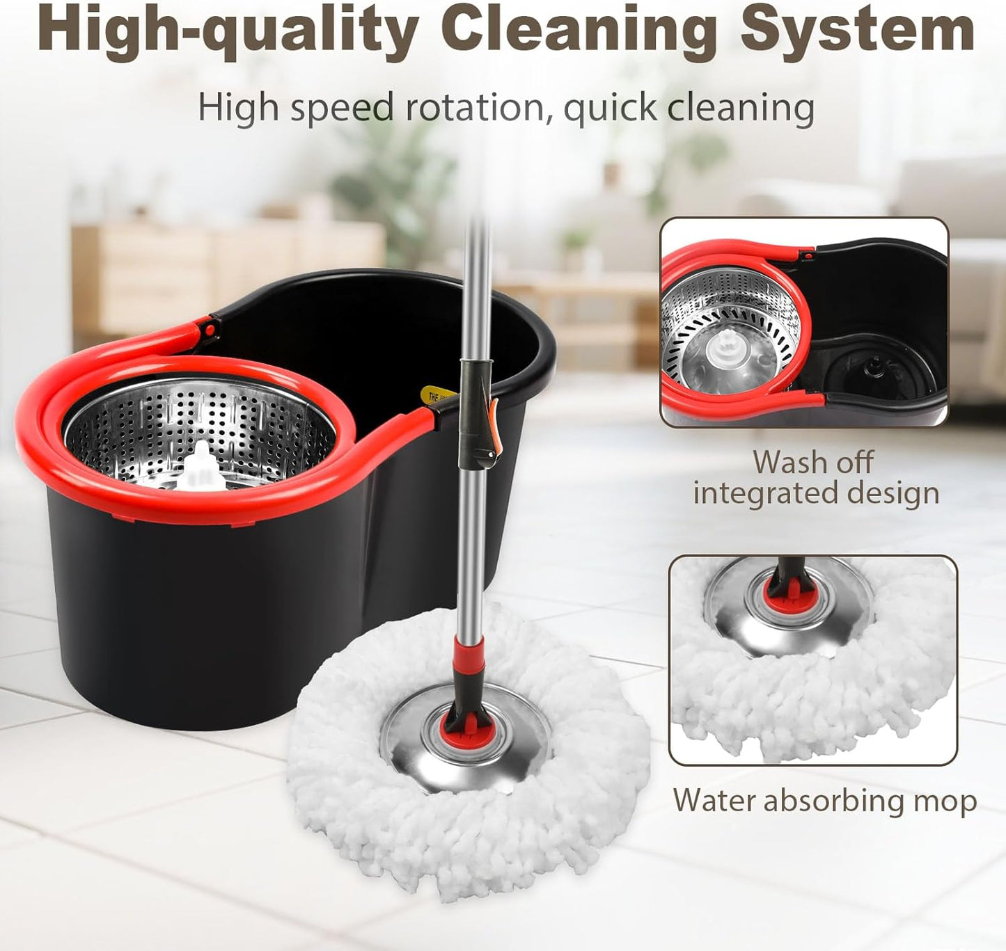 Spin Mop and Bucket with Wringer Set, 360° Spinning Mop and Bucket System with 3 Microfiber Mop Replacement Heads and 51" Stainless Steel Adjustable Handle for Mop Floor Cleaning