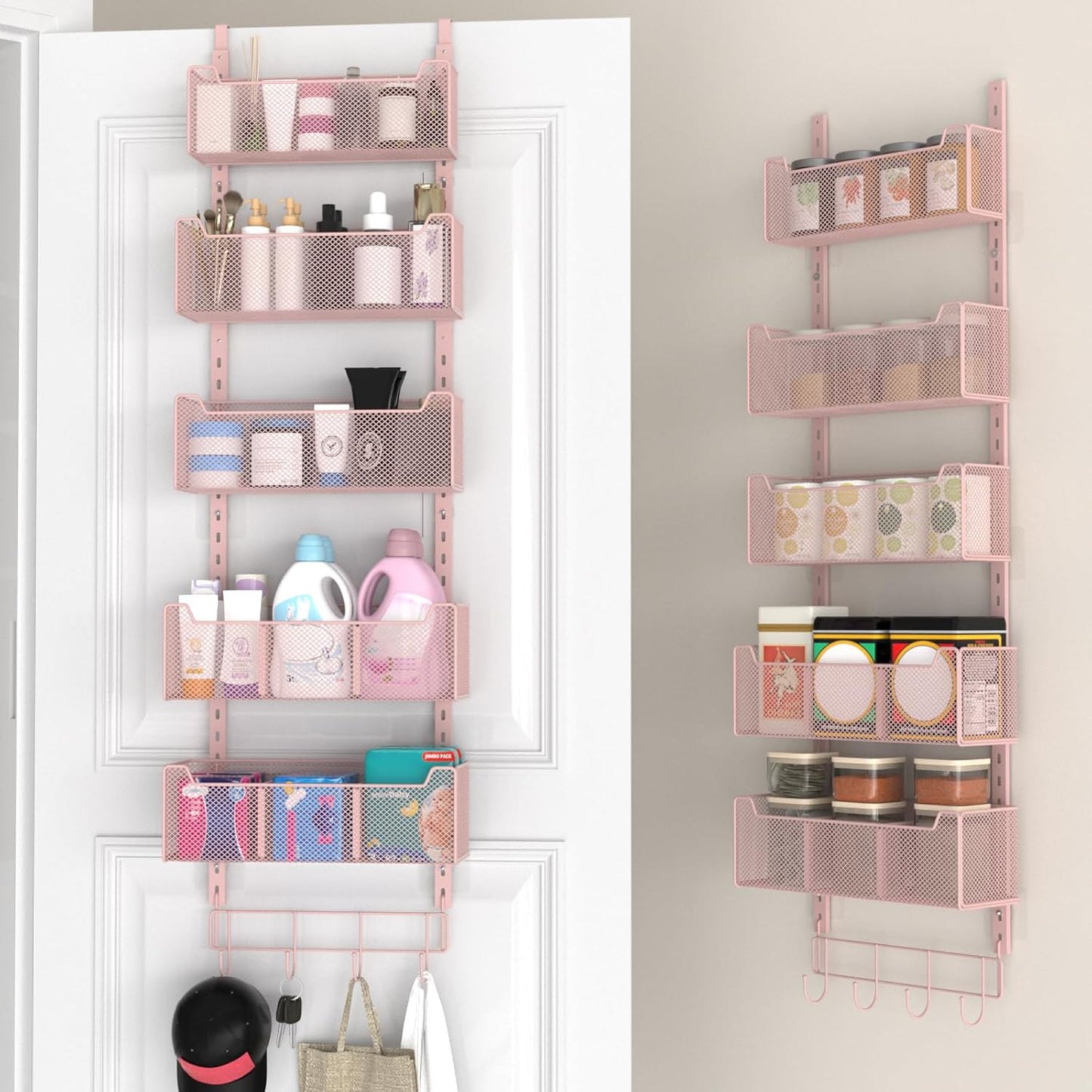 VyGrow Over The Door Organizer, Metal Door Organizer Hanging with 5 Adjustable Baskets and Coat Hook, Behind The Door Storage for Bedroom Closet Bathroom Pantry Cabinet Kitchen, Black