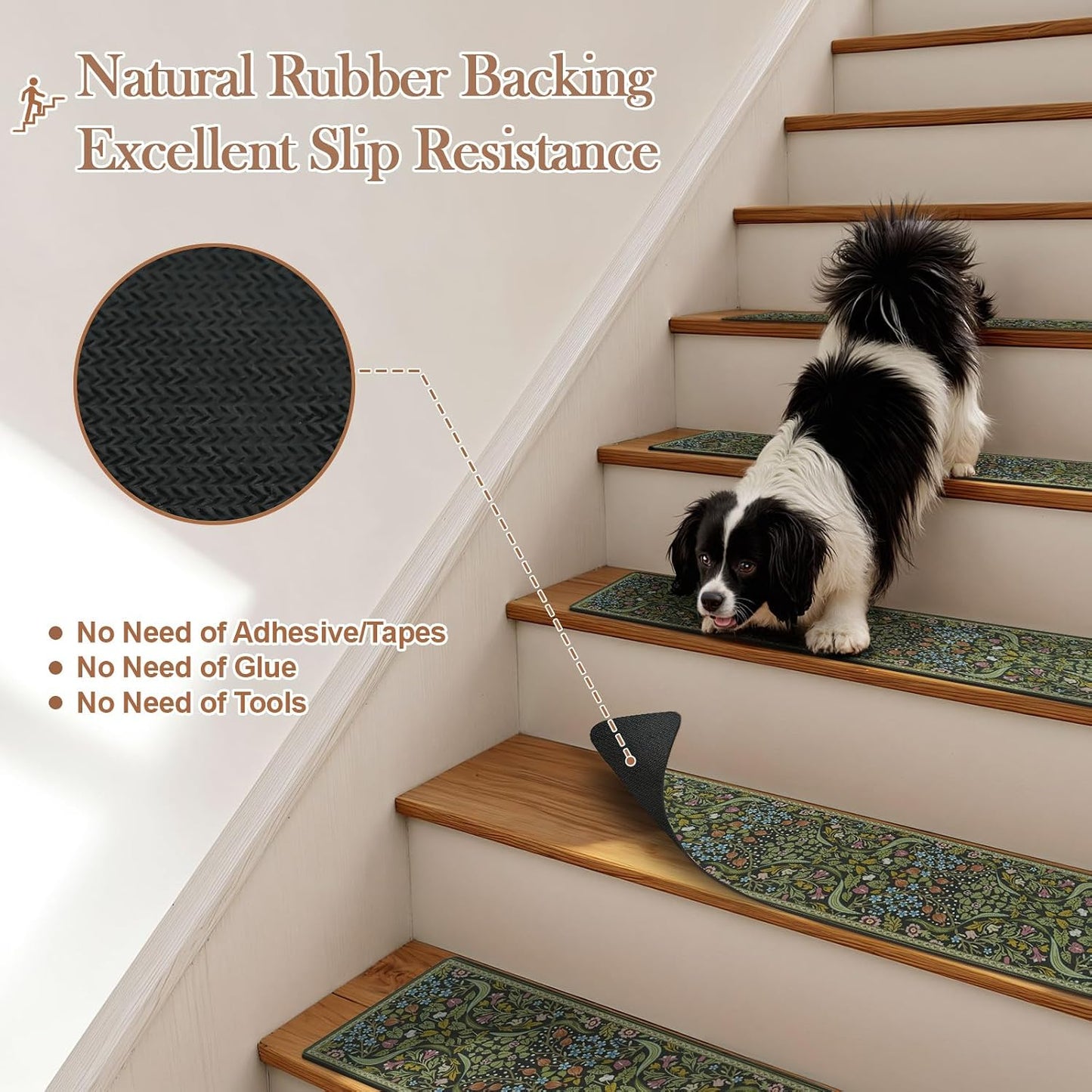 OJIA Floral Stair Treads Non-Slip Stair Runner for Wooden Steps Indoor 15PCS 30"x8" Carpet Stair Treads Stair Mats Staircase Step Treads for Kids, Elders and Dogs, Stair Covers, Black