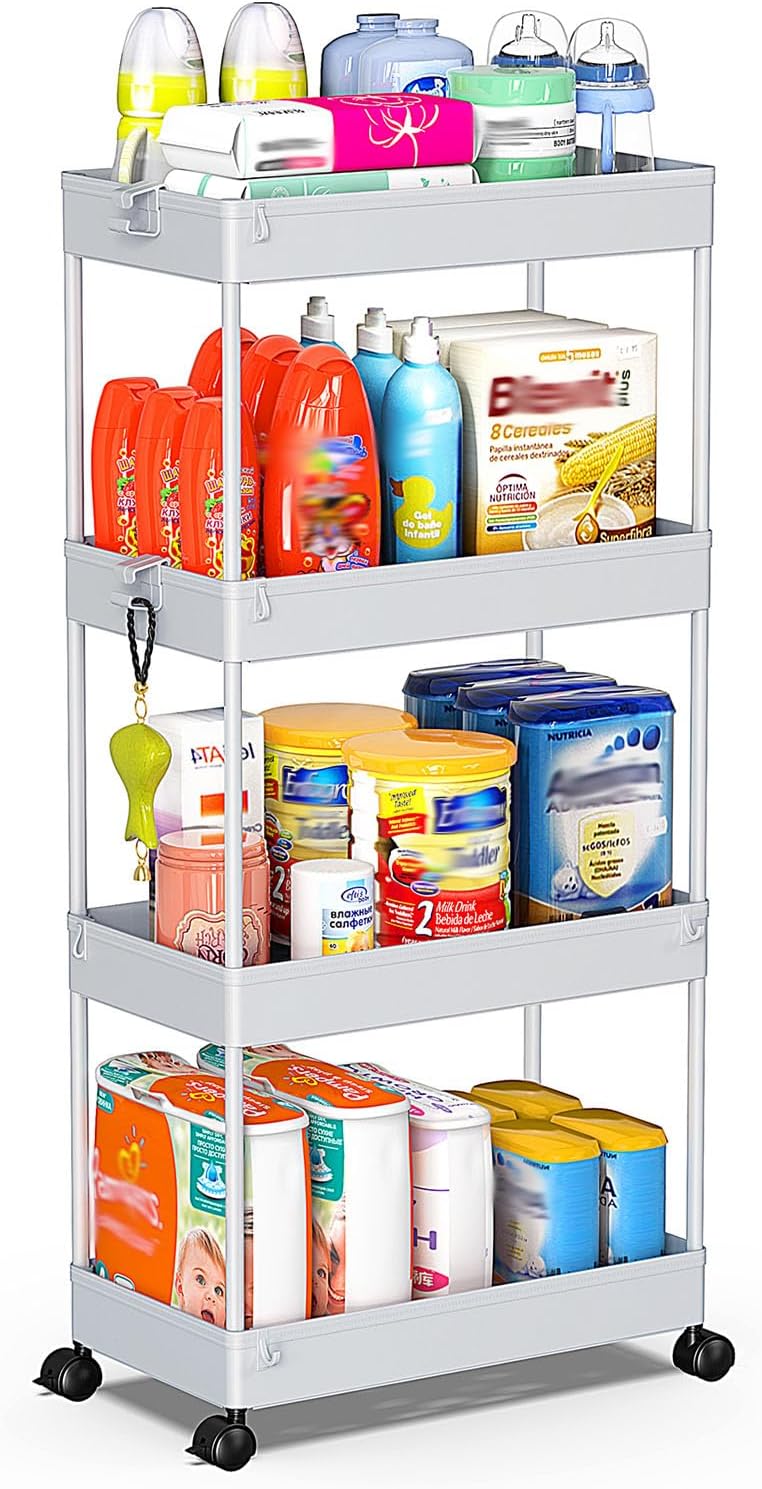 SPACEKEEPER 5-Tier Rolling Cart, Bathroom Storage Organizer Utility Cart, Mobile Shelving Unit Slide Out Shelves for Kitchen Living Room Laundry Room & Dressers, Black