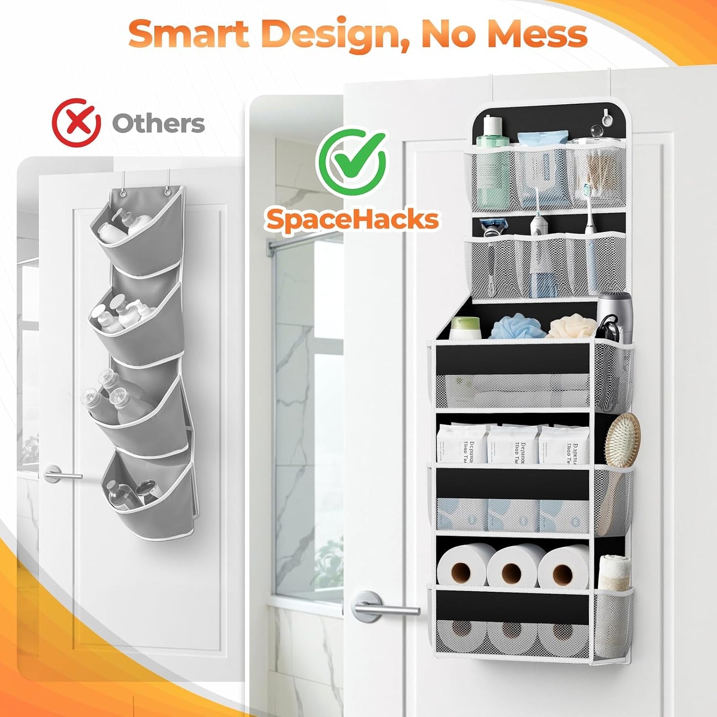 SpaceHacks 5-Tier Over the Door Organizer with Mesh Pockets, Baby Nursery Storage for Closet, Bathroom and Bedroom, Adjustable Hanging Closet Organizer for Cosmetics, Books and Essentials (Dark Grey)