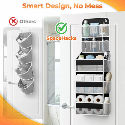 SpaceHacks 5-Tier Over the Door Organizer with Mesh Pockets, Baby Nursery Storage for Closet, Bathroom and Bedroom, Adjustable Hanging Closet Organizer for Cosmetics, Books and Essentials (Dark Grey)