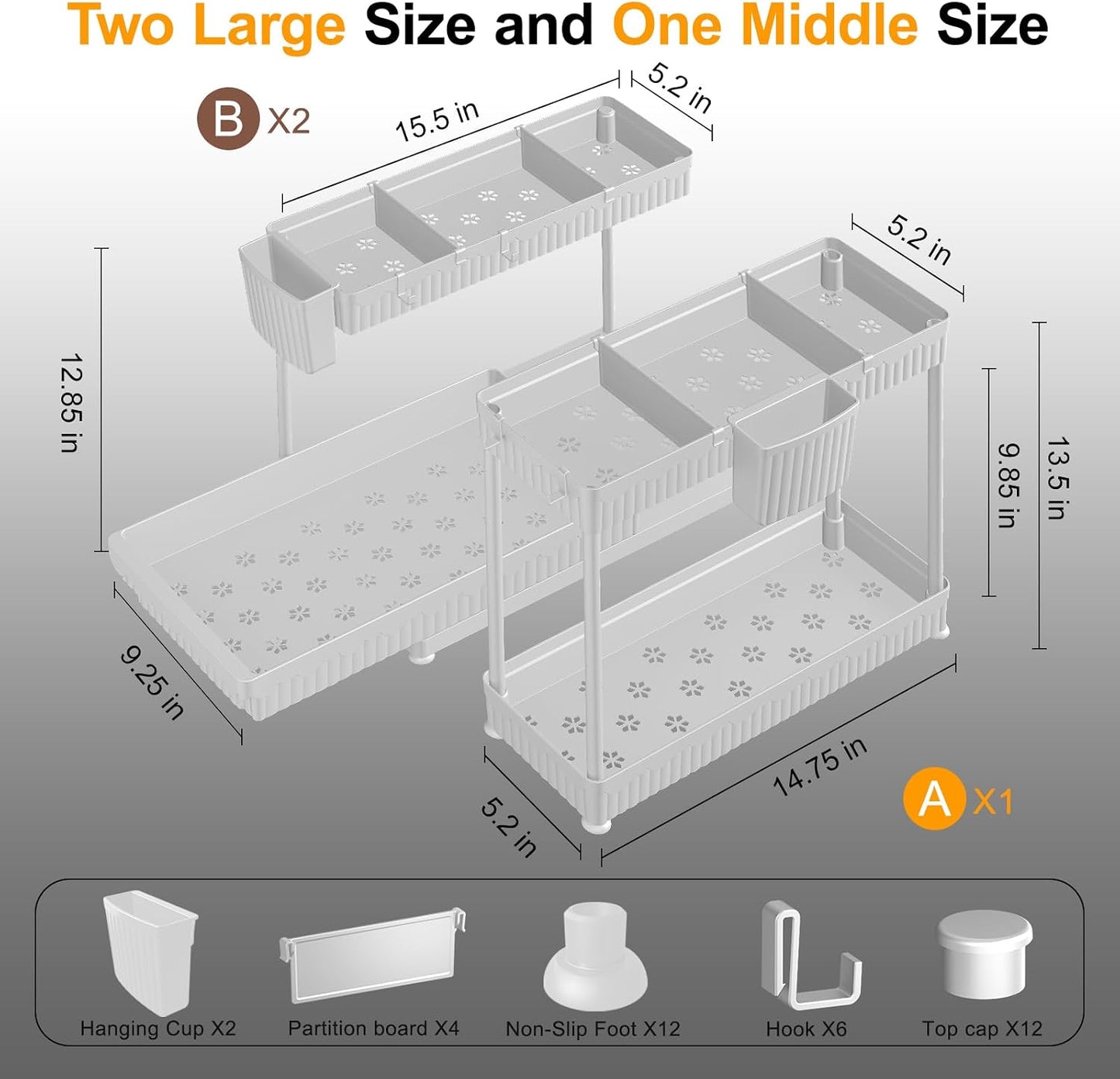 Sevenblue 3 Pack Multi-Purpose Pull-Out Storage Organizers, 2-Tier L-Shaped Under Sink/Cabinet Organizers and Storage for Bathroom & Kitchen, (Black, 12.85 Inches)