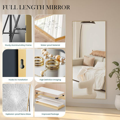 DUMOS 64"x21" Arched Full Length Floor Mirror, Full Body Mirror with Stand, Shatterproof Tempered Glass, Modern Aluminum Alloy Frame, Free Standing or Leaning for Home Decor, Gold
