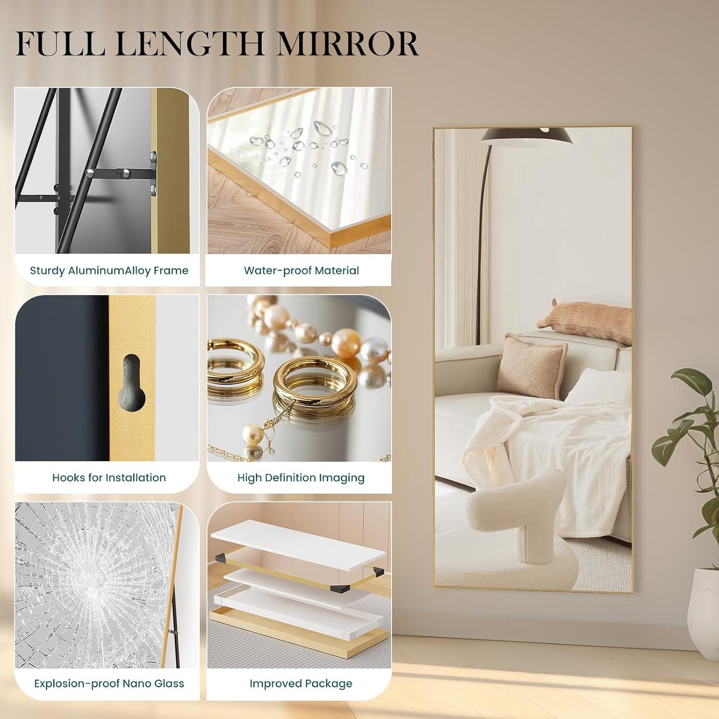 DUMOS 64"x21" Full Length Mirror, Full Body Mirror, Black | Aluminum Alloy Thin Frame, Leaning or Hanging, Suitable for Bedroom, Livingroom, Cloakroom