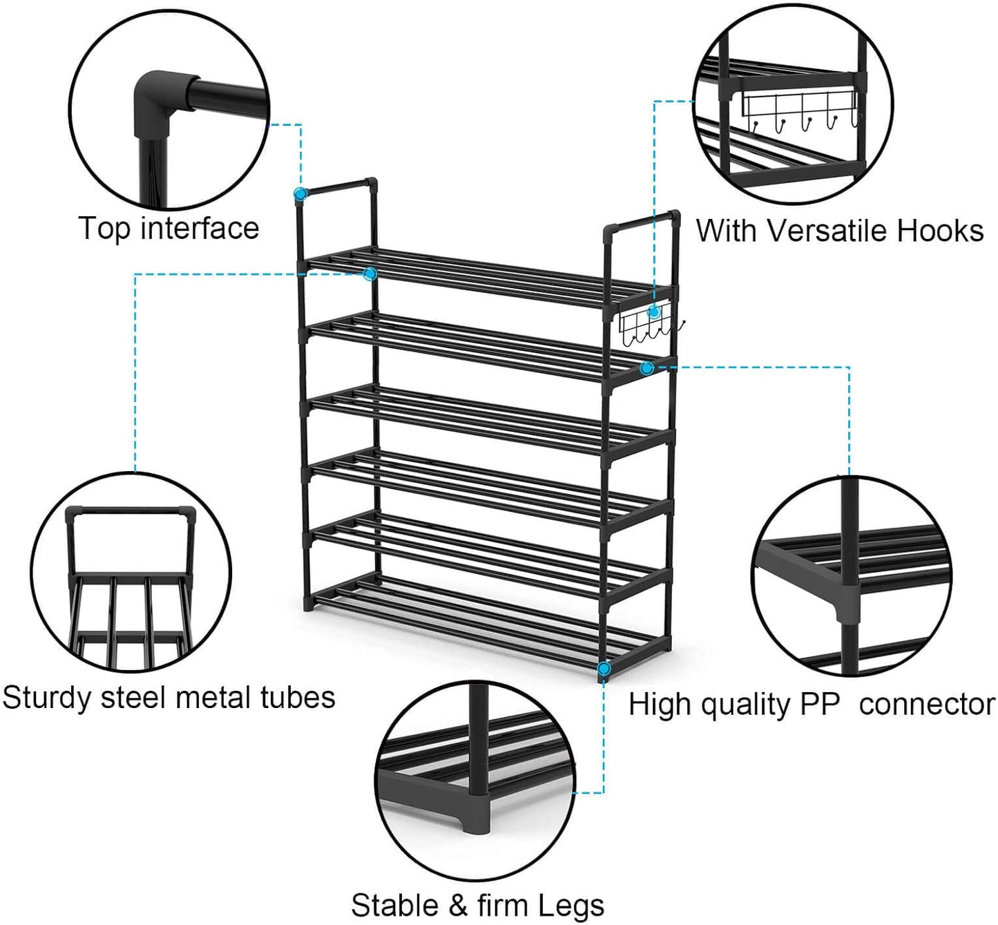 Hsscblet 5 Tiers Metal Shoe Rack,Adjustable Shoe Shelf Storage Organizer with Hooks,Stackable Boot & Shoe Storage,for Entryway,Hallway,Closet,Black
