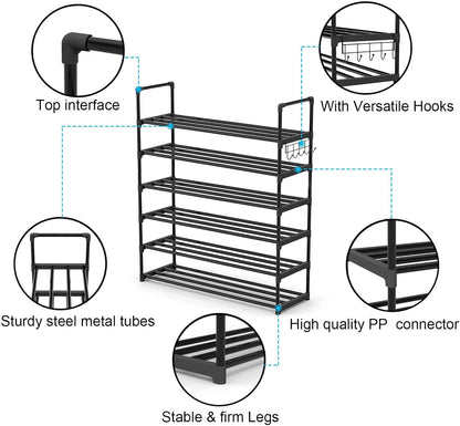 Hsscblet 5 Tiers Metal Shoe Rack,Adjustable Shoe Shelf Storage Organizer with Hooks,Stackable Boot & Shoe Storage,for Entryway,Hallway,Closet,Black