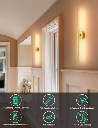 Battery Operated Wall Sconces Set of 2: 10000mAh Rechargeable Wall Lights for Living Room, Dimmable LED Wireless Wall Lamp 360° Rotate Modern Home Decor for Bedroom Hallway Picture Lighting Bathroom