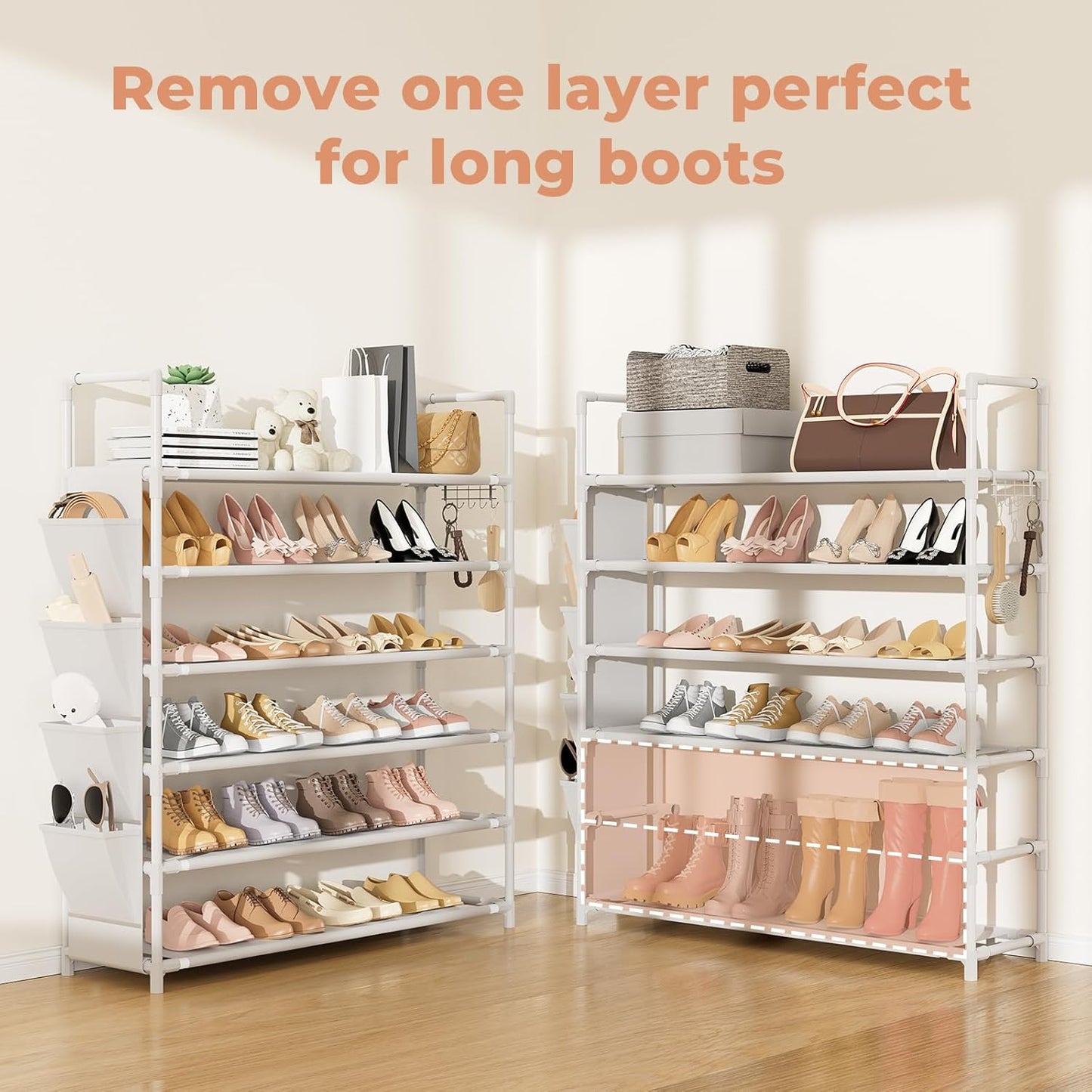 LANTEFUL 6 Tier Shoe Rack Storage for 24-30 Pairs Shoe and Boot, Shoe Organizer with Hook and Side Pocket Free Standing Long Shoe Shelf Tall Shoe Rack Organizer for Closet, Entryway, Dorm, White