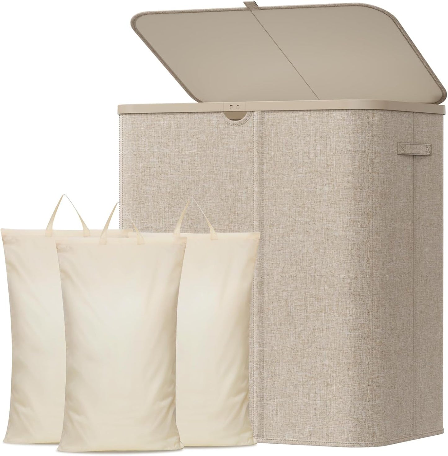Lifewit 185L 3 Section Laundry Hamper with Lid, Large Laundry Basket with Handles and Removable Bags, Tall Clothes Hamper, Foldable Laundry Sorter for Bedroom Bathroom, Beige