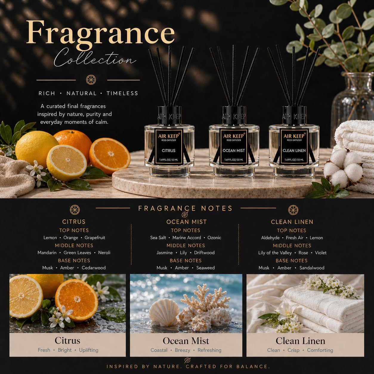 Airkeep Reed Diffuser Set of 3 for Bathroom Air Fresheners, Oil Diffuser Sticks | Cedar Wood,White Pine Moroccan Amber Scent Diffuser(1.7 fl oz*3) Fragrance with 18 Sticks Defusers | Shelf Decor