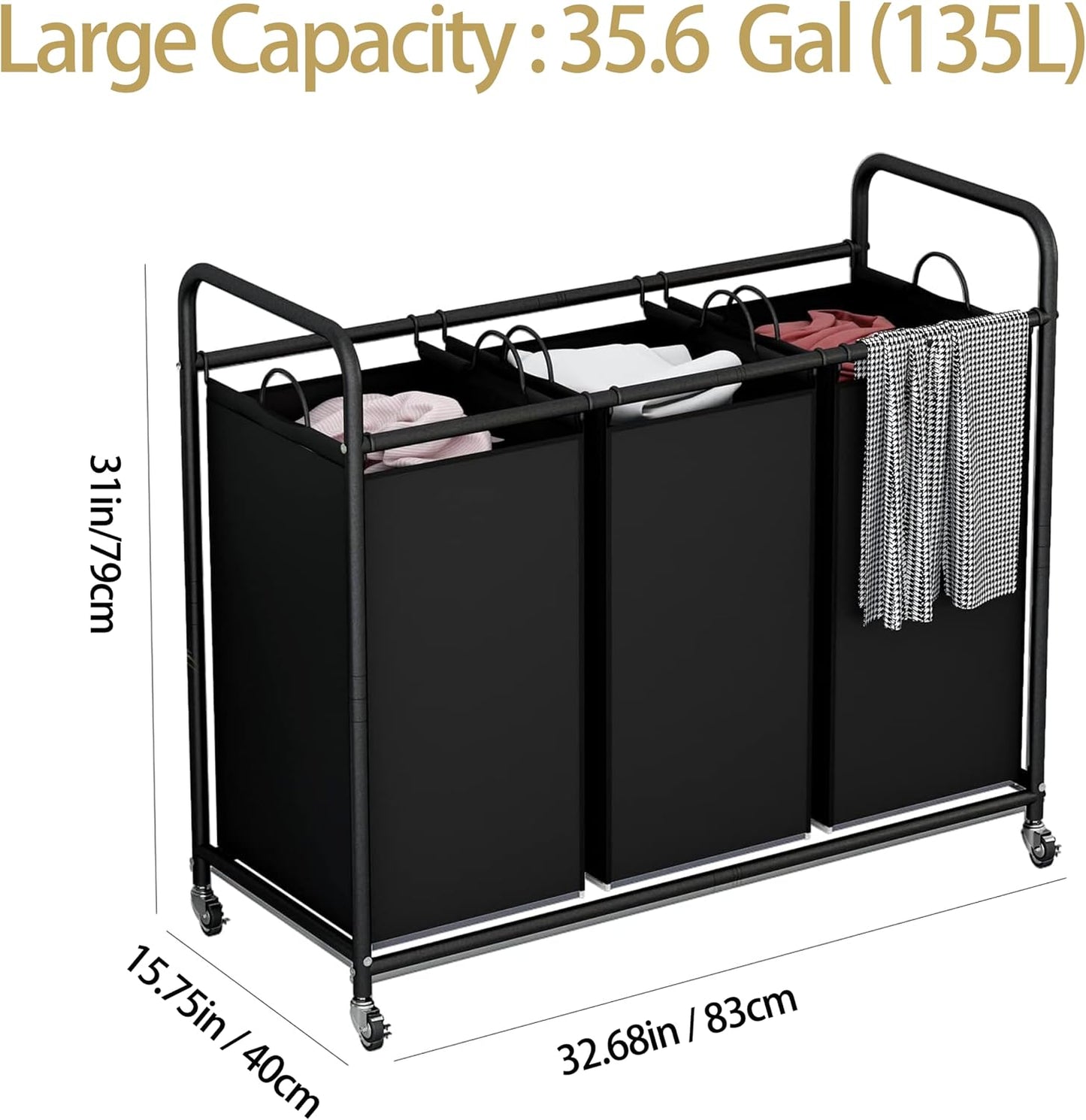 LINZINAR 3-Bag Laundry Hamper, Black Laundry Basket, 35.6 Gal(135 L) Laundry Sorter Cart Laundry Room Organization with Heavy Duty Rolling Lockable Wheels and Removable Bags