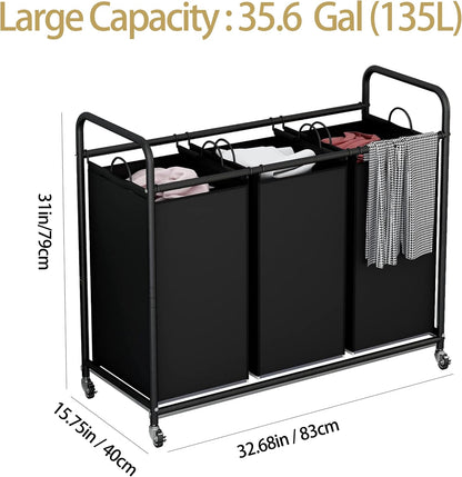 LINZINAR 3-Bag Laundry Hamper, Black Laundry Basket, 35.6 Gal(135 L) Laundry Sorter Cart Laundry Room Organization with Heavy Duty Rolling Lockable Wheels and Removable Bags