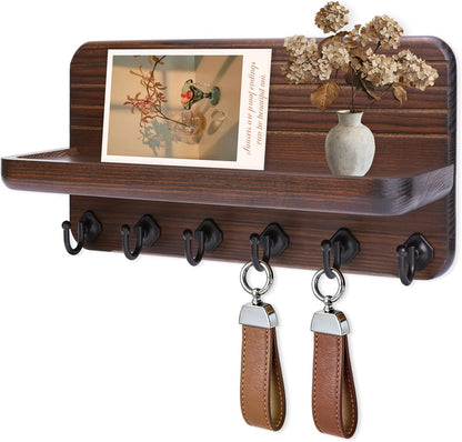 Key Holder for Wall, Mail Organizer Wall Mount with 6 Hooks Wooden Hanging Key Rack for Home Decor, Hallway, Entryway (Brown)