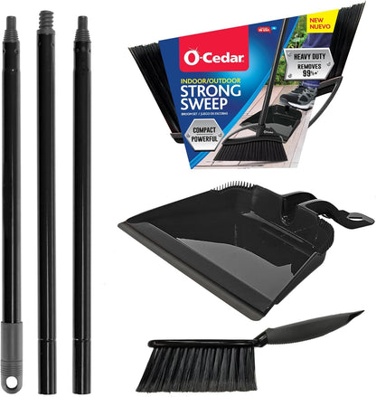 O-Cedar Strong Sweep Broom and Dustpan Set with Detail Brush | Indoor Outdoor Heavy Duty Stiff Bristle Broom | Step-On Dust Pan