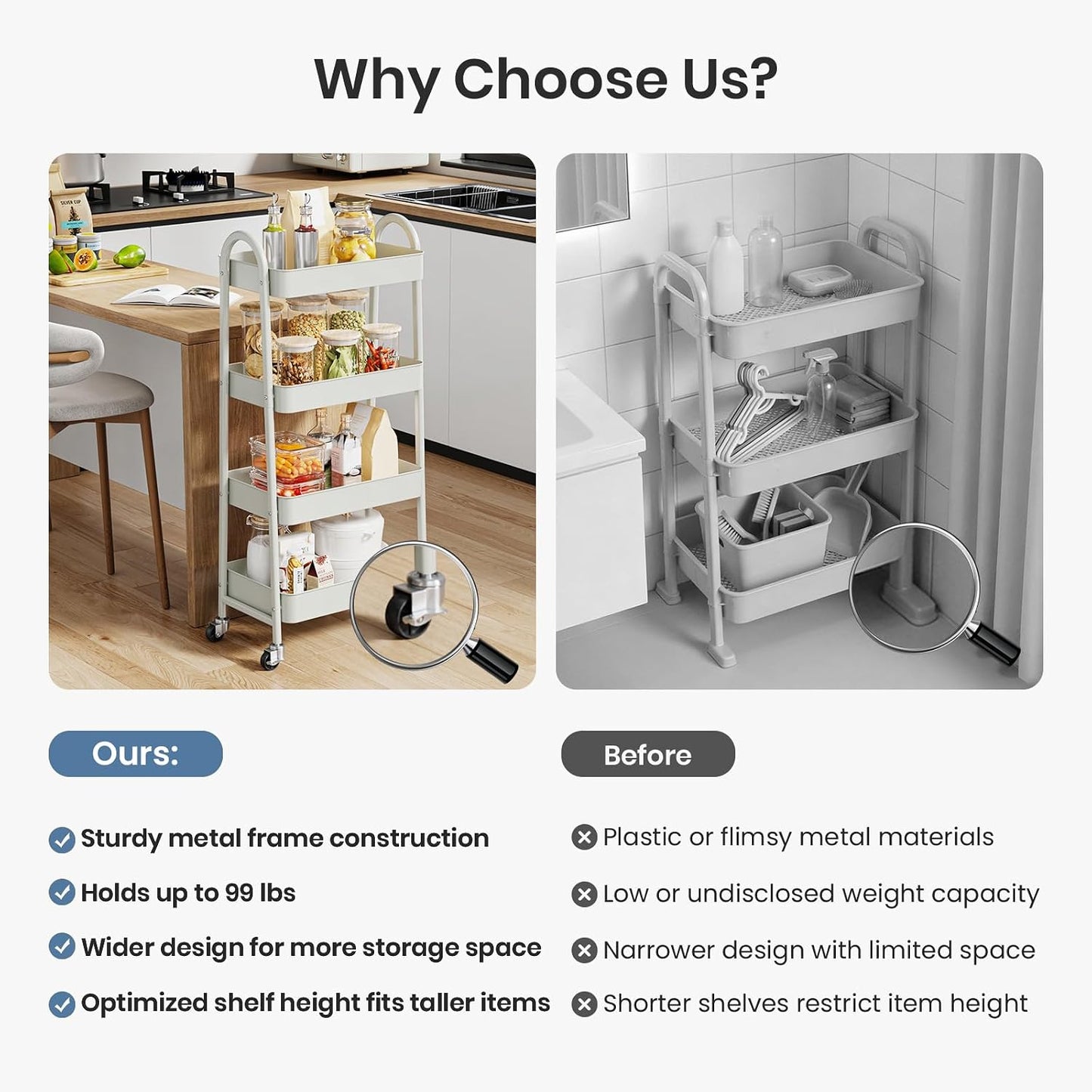 DUMOS 3 Tiers Rolling Cart, Utility Cart, Metal, White | Mobile Storage, Lockable Wheels, Utility Shelving Unit, Kitchen, Bathroom, Laundry, Narrow Places