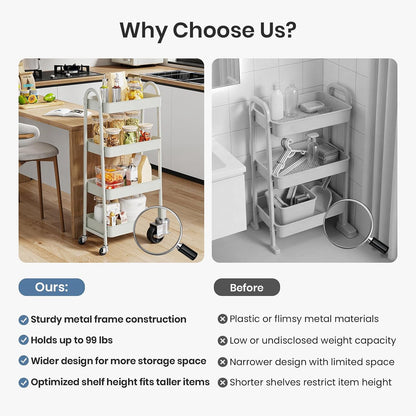 DUMOS 3 Tiers Rolling Cart, Utility Cart, Metal, White | Mobile Storage, Lockable Wheels, Utility Shelving Unit, Kitchen, Bathroom, Laundry, Narrow Places