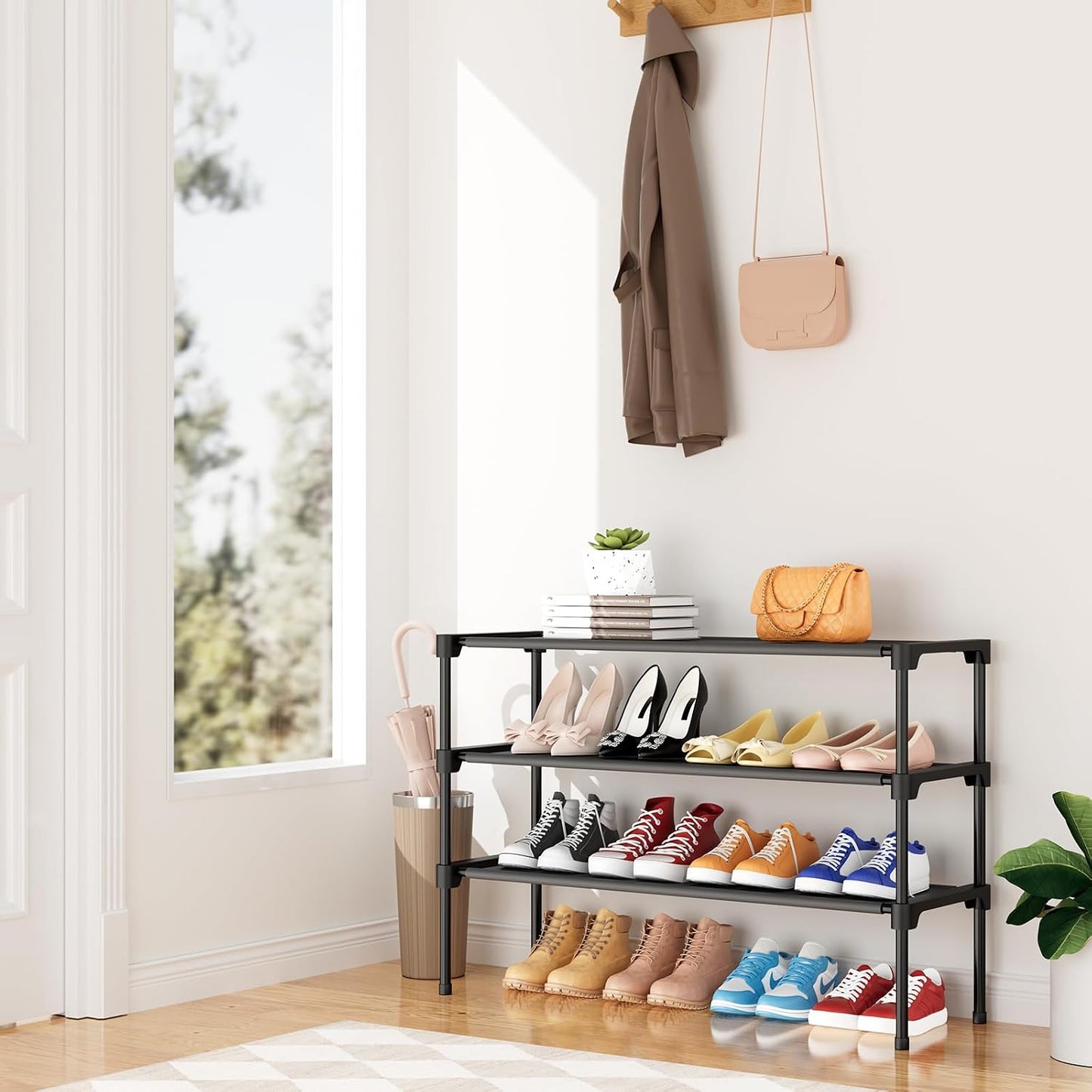 32.3" Widening Design Shoe Rack for Closet 16 Pairs Small Spaces Non-Woven 3 Tier Shoe Organizer Stackable Metal Shoe Shelf for Entryway, Bedroom