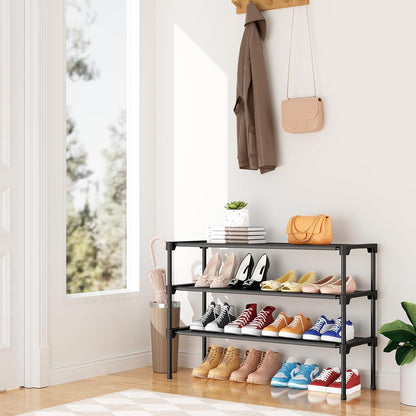 32.3" Widening Design Shoe Rack for Closet 16 Pairs Small Spaces Non-Woven 3 Tier Shoe Organizer Stackable Metal Shoe Shelf for Entryway, Bedroom