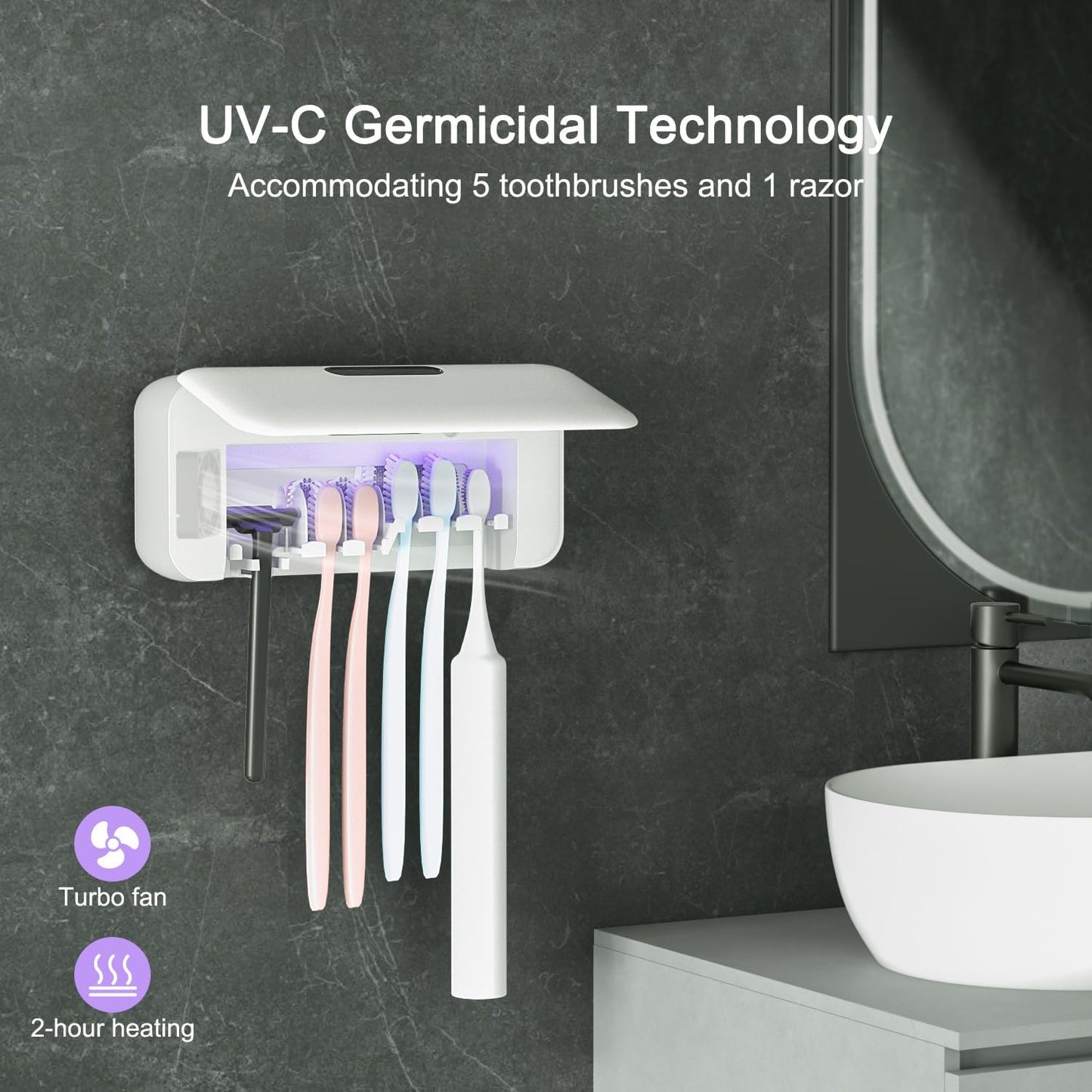 UV-C Toothbrush Sanitizer Case, Dual Light Cleaner Cover with Clear Window, USB-C Rechargeable Travel Holder for Electric and Manual Brushes, White