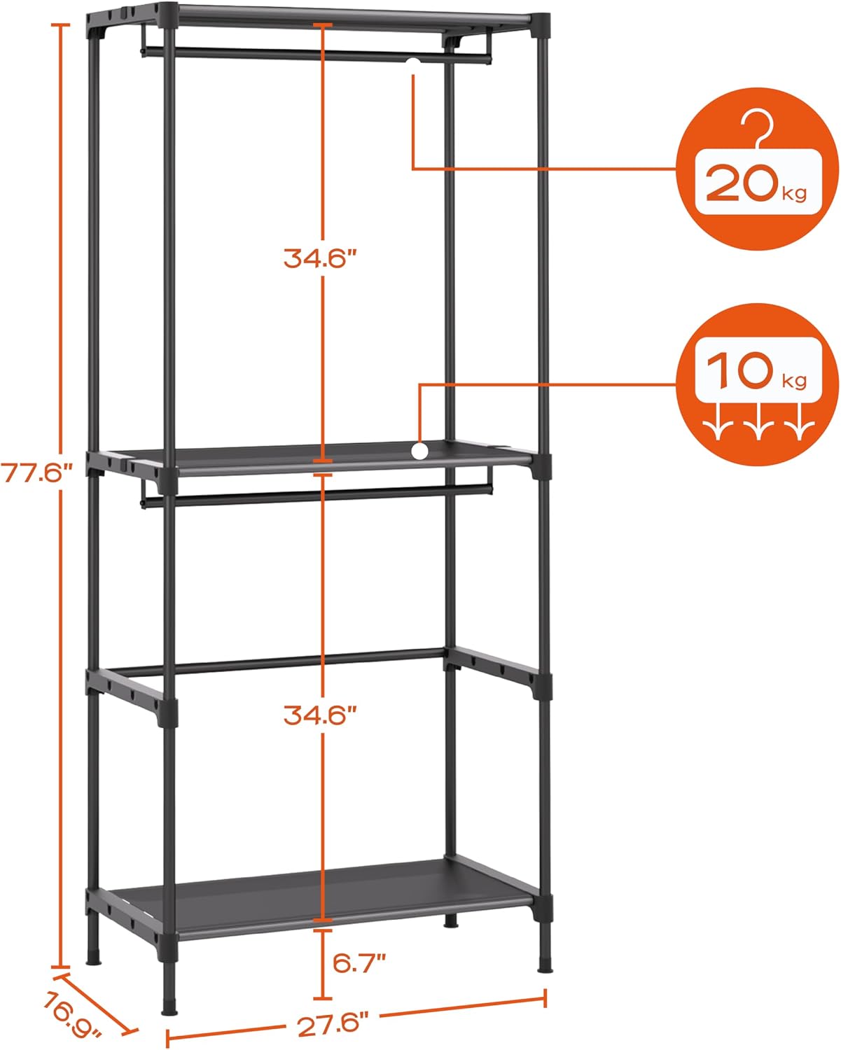 CASAMAYA Clothes Rack, Portable Closet, 80.7 Inch Extra Large Capacity Wardrobe Closet, Clothes Storage Organizer with Shelves and 5 Hanging Rods, Easy to Assembly, Black PCT036B01