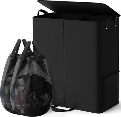 Large Double Laundry Hamper with Lid, Removable Bags & Reinforced Handles, 2 Section Tall Laundry Basket, Dirty Clothes Hampers for Laundry Room, Bedroom, Bathroom, Dorm, 136L, Gray