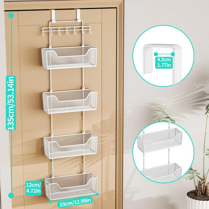 HapiRm Over The Door Organizer - Hanging Door Organizer with 4 Metal Large Capacity Baskets and Adjustable Coat Hook for Bathroom Bedroom Kitchen Pantry Closet Cabinet