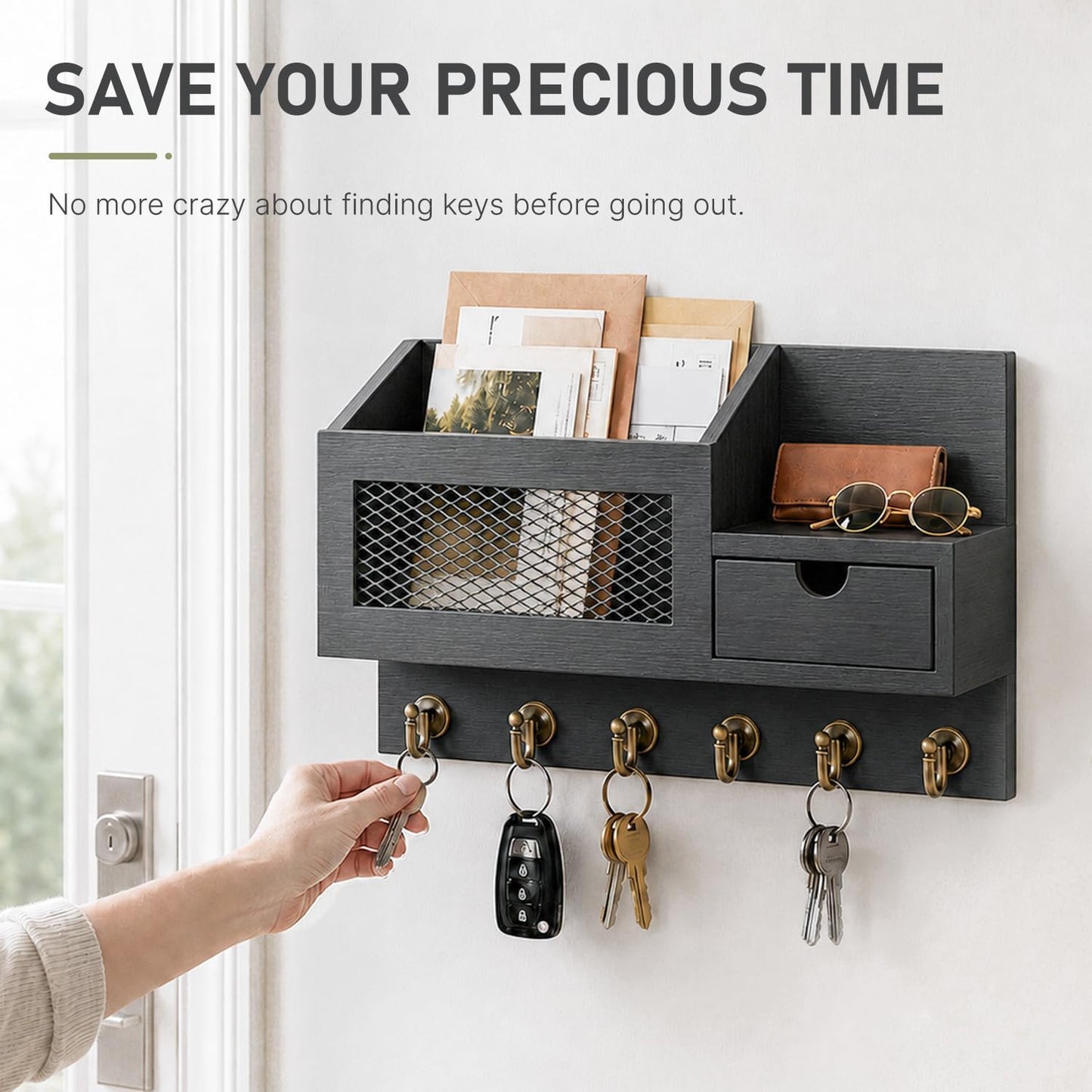 FifthQuarter Key Holder Wall Mount: Key and Mail Holder for Wall with 6 Hooks and Storage Drawer, Easy Installation Key Rack for Entryway Home Decor (A-White)