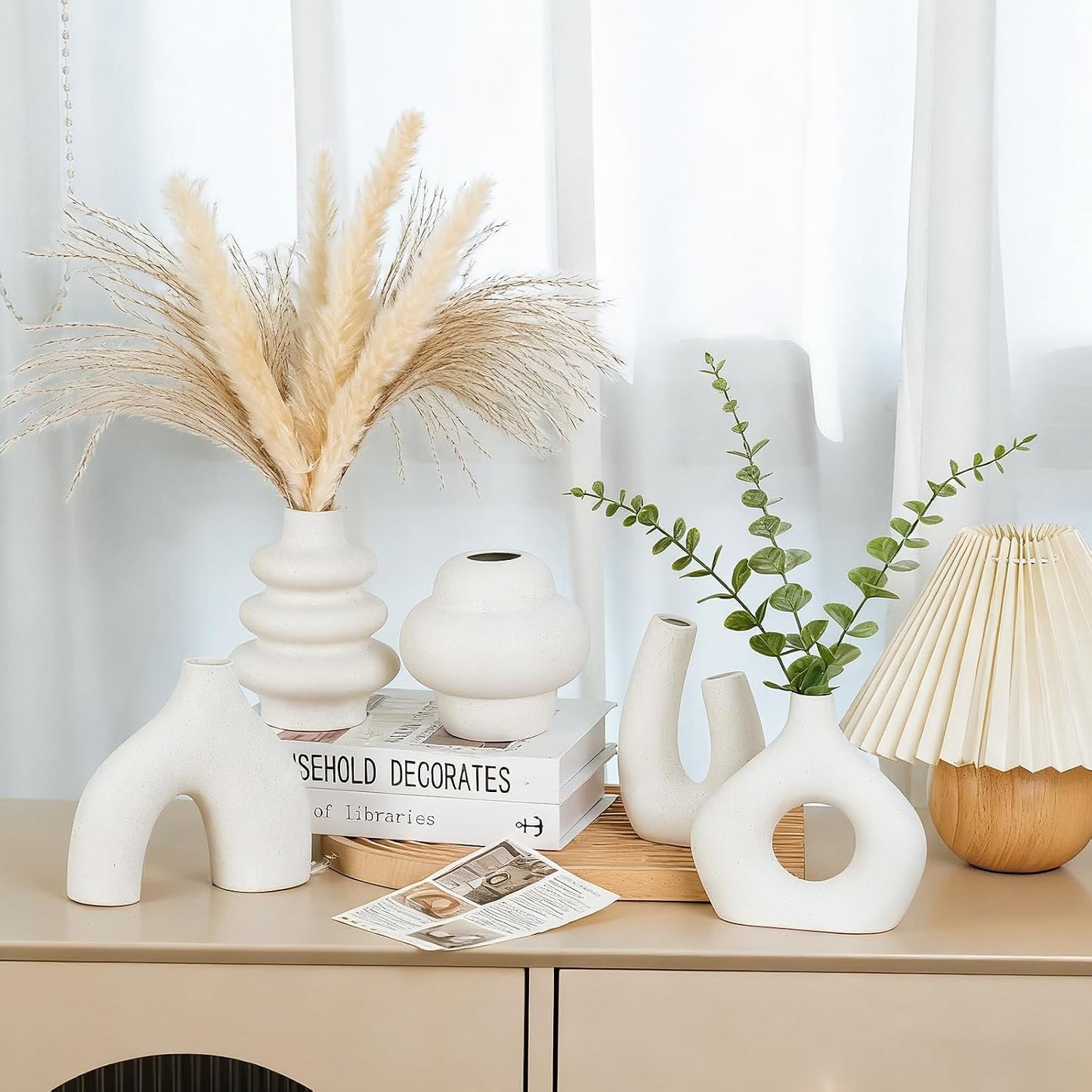CUCUMI Ceramic Vase Set of 5, Home Decor Farmhouse Décor Handmade Pottery Vases for Pampas Grass, Dried Fresh Flowers, Table, Living Room, Kitchen, Shelf, Entryway Mantel Neutral Tones