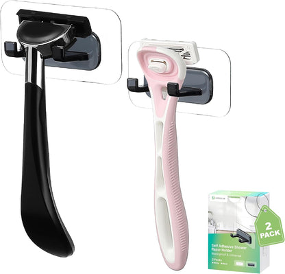 Hook LAB Strong Adhesive Shower Razor Holder, 2-Pack Waterproof Wall Hooks for Bathroom, Reusable & Removable No-Drill Hook for Razors, Towels & Accessories – Works on Tile, Glass & Metal - Black