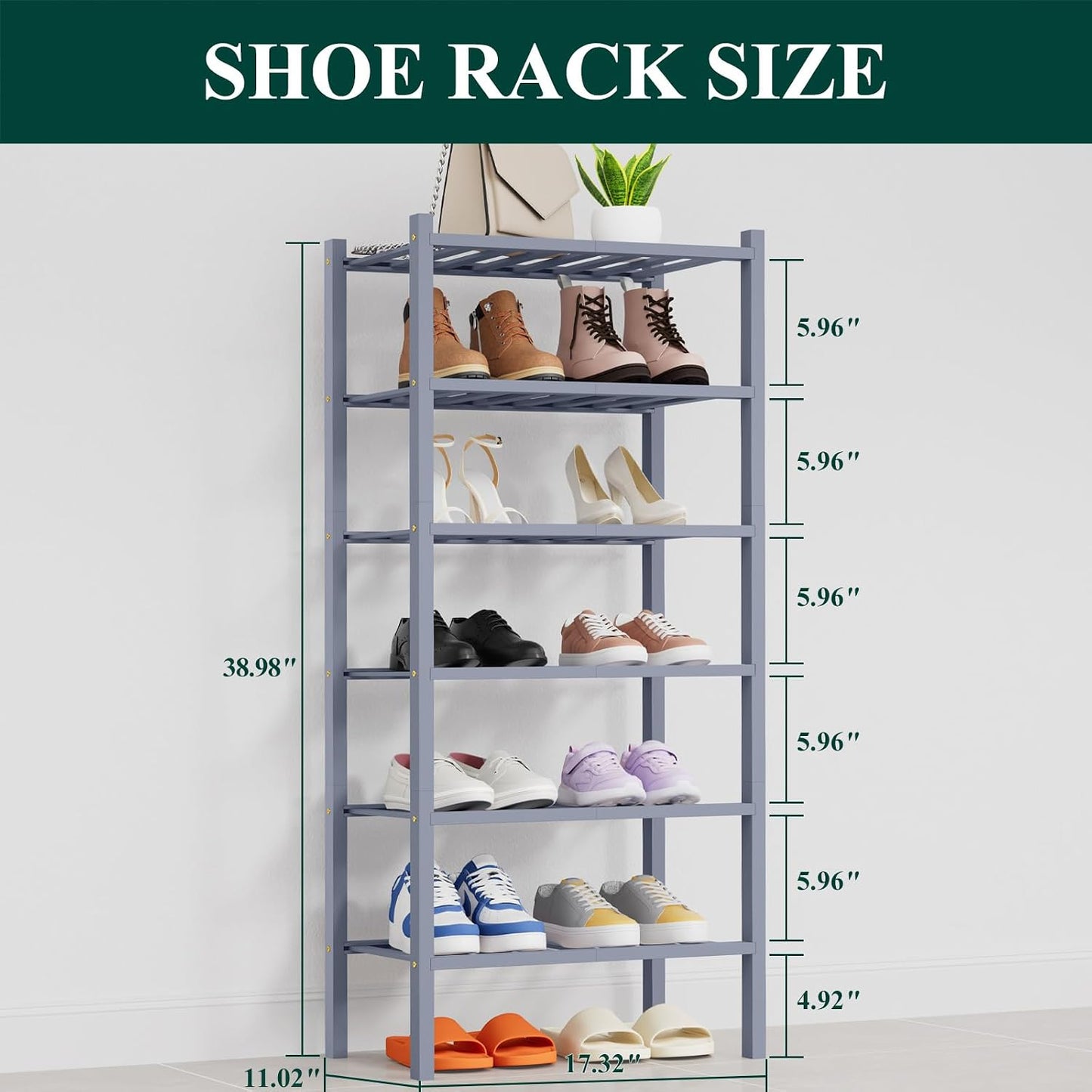 Smiry Bamboo Shoe Rack, 3 Tier Free Standing Wooden Shoe Organizer, Stackable Wood Shoe Storage Shelf for Closet, Entryway, 12 Vertical Slats, 2+1 Stack Standard Legs, 26.8"x11"x19.5", Natural