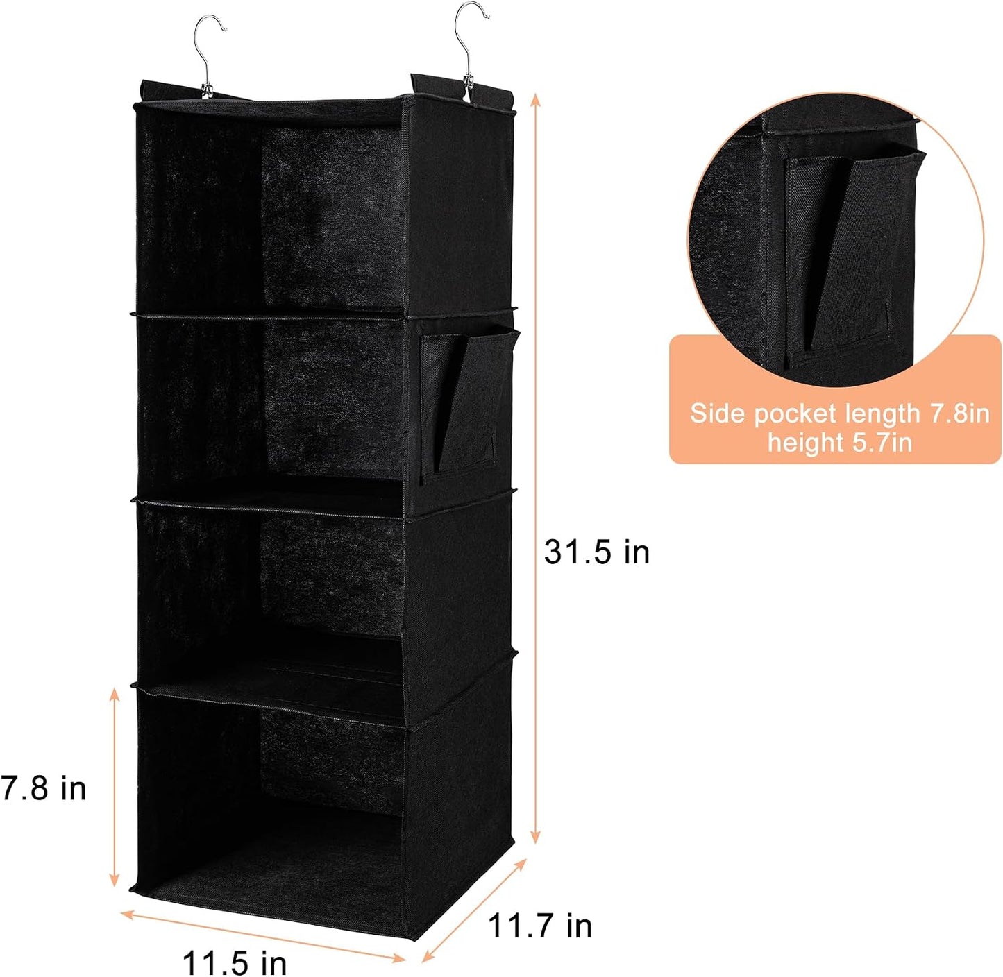 BOOMIBOO Hanging Closet Organizer and Shelves, 4 Shelves with 1 Side Pockets, Foldable, Grey Fabric, Modern Style, for Bedroom and Dorm Room (Grey)