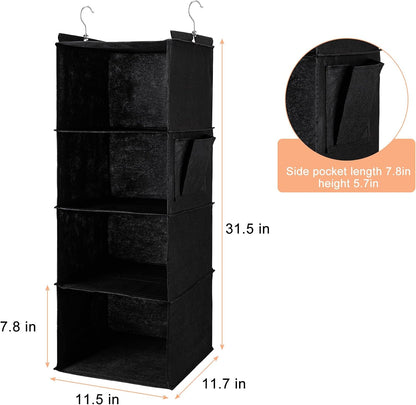 BOOMIBOO Hanging Closet Organizer and Shelves, 4 Shelves with 1 Side Pockets, Foldable, Grey Fabric, Modern Style, for Bedroom and Dorm Room (Grey)
