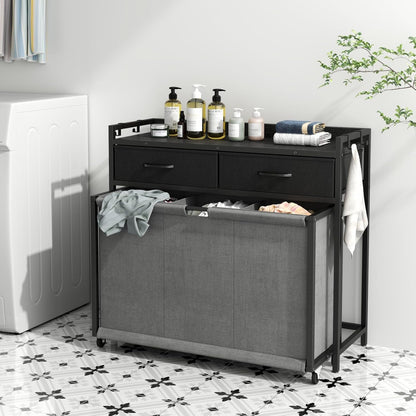 STIKELY Laundry Hamper Laundry Basket with 3 Section Pull-Out Rolling Bags, Laundry Sorter for Organization and Storage with 2 Pull-Out Drawers for Laundry Room, Bathroom, Bedroom Use (Rustic Brown)