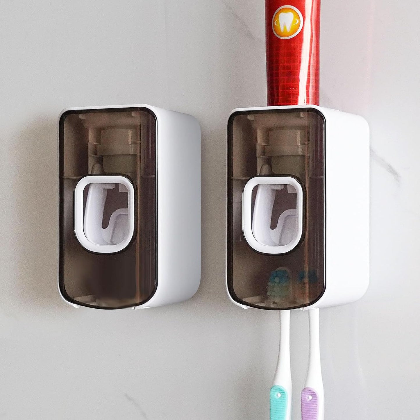 2 Slot Toothbrush Holder and Toothpaste Dispenser Wall Mounted, Automatic Toothpaste Squeezer, 2 in 1 Tooth Brush Toothpaste Organizer for Shower (Grey)