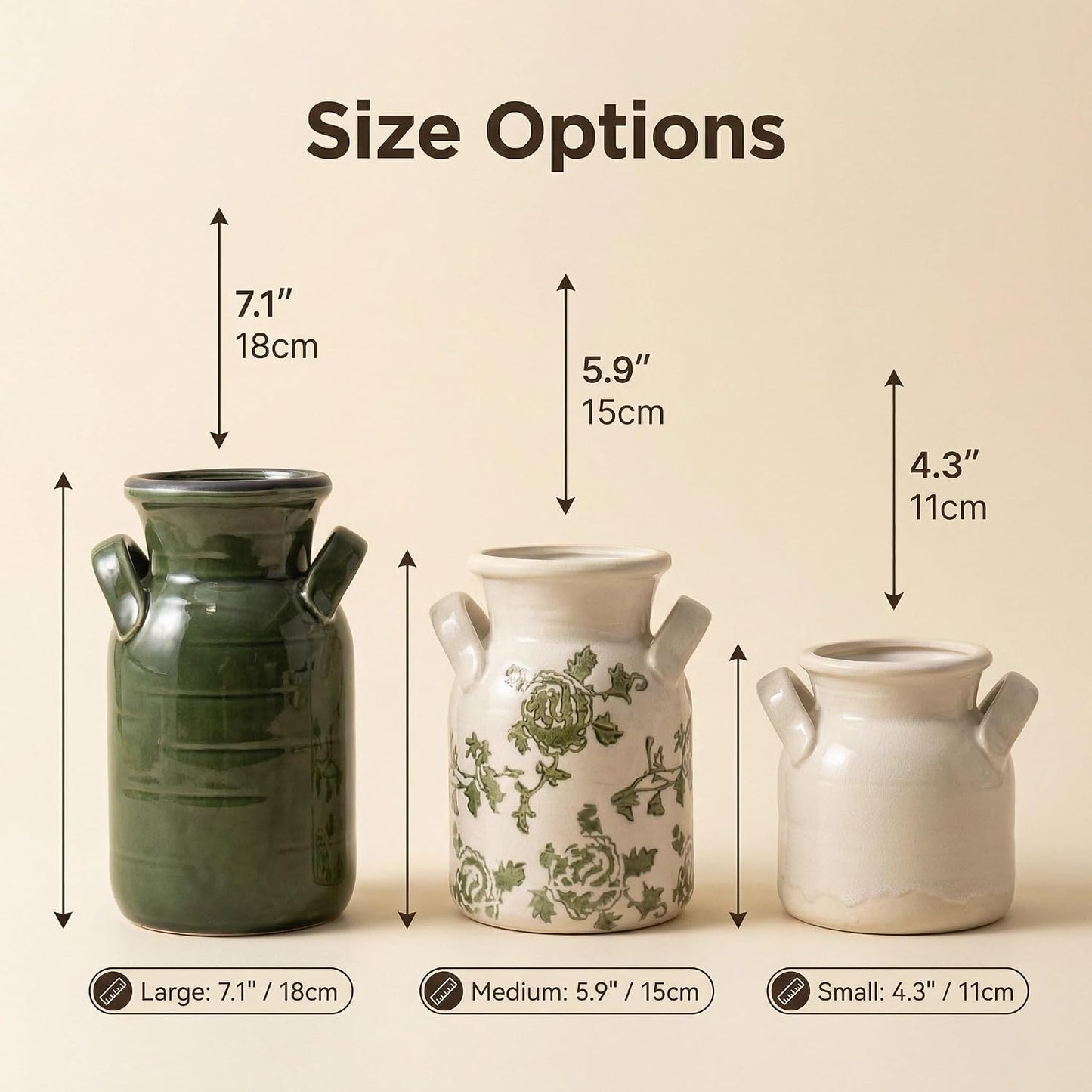 Ceramic Vase Set of 3 with Handles, Green White Neutral Rustic Modern Farmhouse Boho Decor, Versatile as Table Centerpiece or Mantel & Shelf Accent - Unique Home Gift Idea