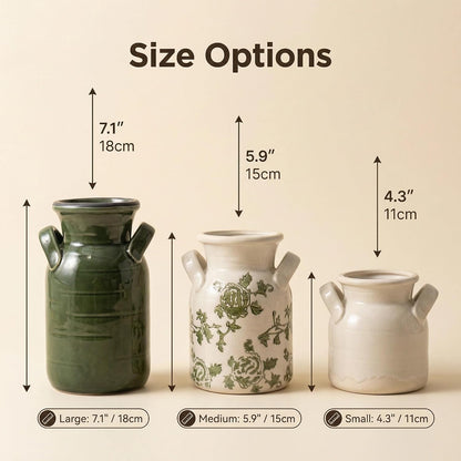 Ceramic Vase Set of 3 with Handles, Green White Neutral Rustic Modern Farmhouse Boho Decor, Versatile as Table Centerpiece or Mantel & Shelf Accent - Unique Home Gift Idea