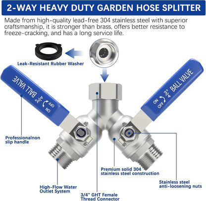 Hose Splitter 2 Way Heavy Duty, Full Flow Garden Hose Splitter with Large Easy-Turn Handle, 3/4 Inch GHT Brass Water Hose Splitter for Outdoor Faucet, Y Valve Hose Bib Splitter