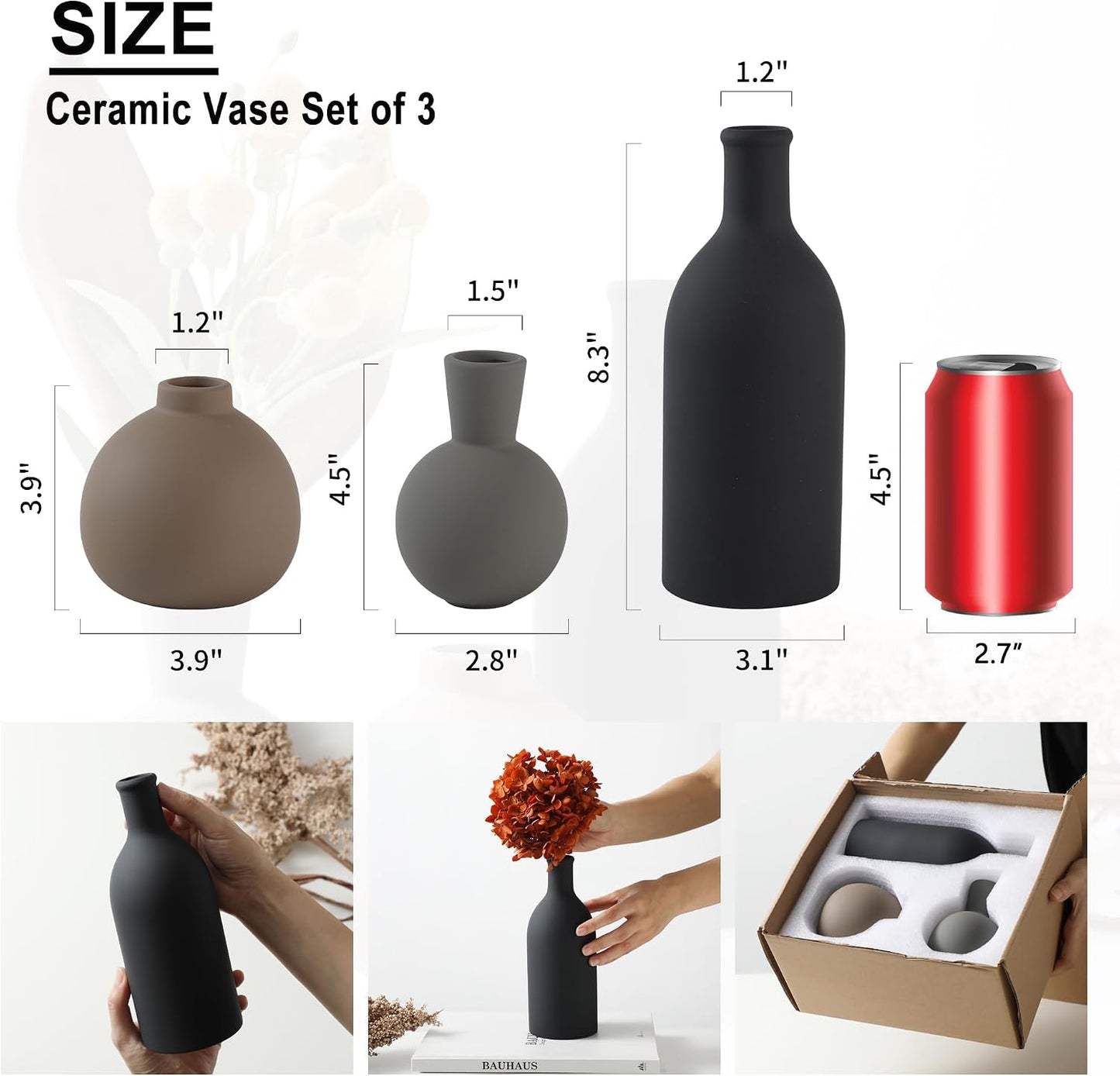 Ceramic Vase Set of 3, Decorative Vases Home Decor Modern Neutral Flower Pampass Boho Vase for Living Room, Table, Mantel, Entryway, Bookshelf, Kitchen, Bedroom, Bathroom - White