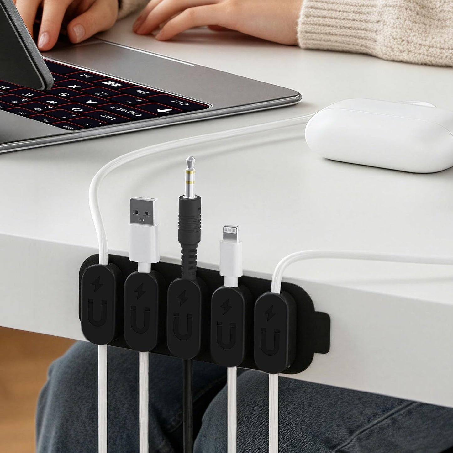 Chargeworx Magnetic Cable Clips - Cord Holder Organizer, No Drill Self-Adhesive Base, Cable Organizer, Repositionable Magnetic Clips, 5-Pack, USB-C Lightning Micro-USB, Desk Nightstand Wall Car, Black