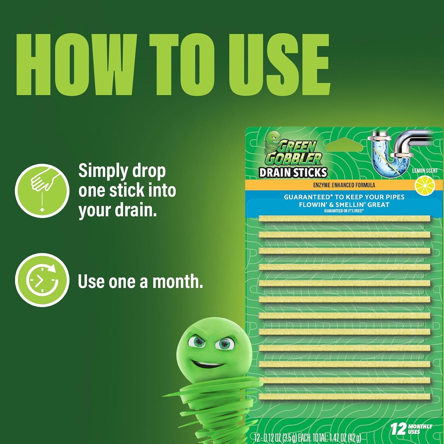 Green Gobbler Drain Cleaner and Deodorizer Sticks with Enzymes - Maintain a Clean Drain, Safe for Pipes and Septic Tanks, Use Monthly - 12 Pack