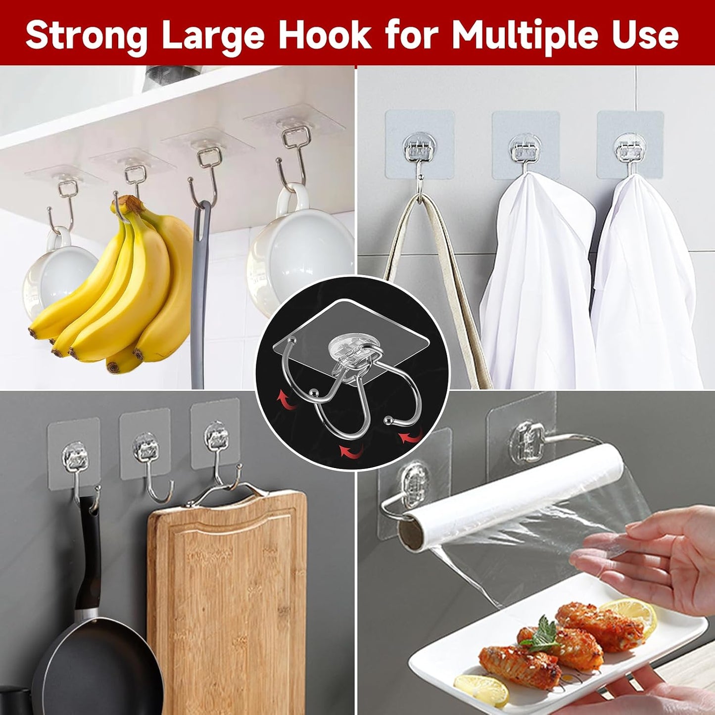 12 Pack Large Adhesive Hooks for 44 lb(Max) Hanging Heavy Duty, Self Adhesive Sticky Hooks Waterproof Stainless Steel Wall Hook for Home Bathroom Shower Kitchen Outdoor Utility Hooks