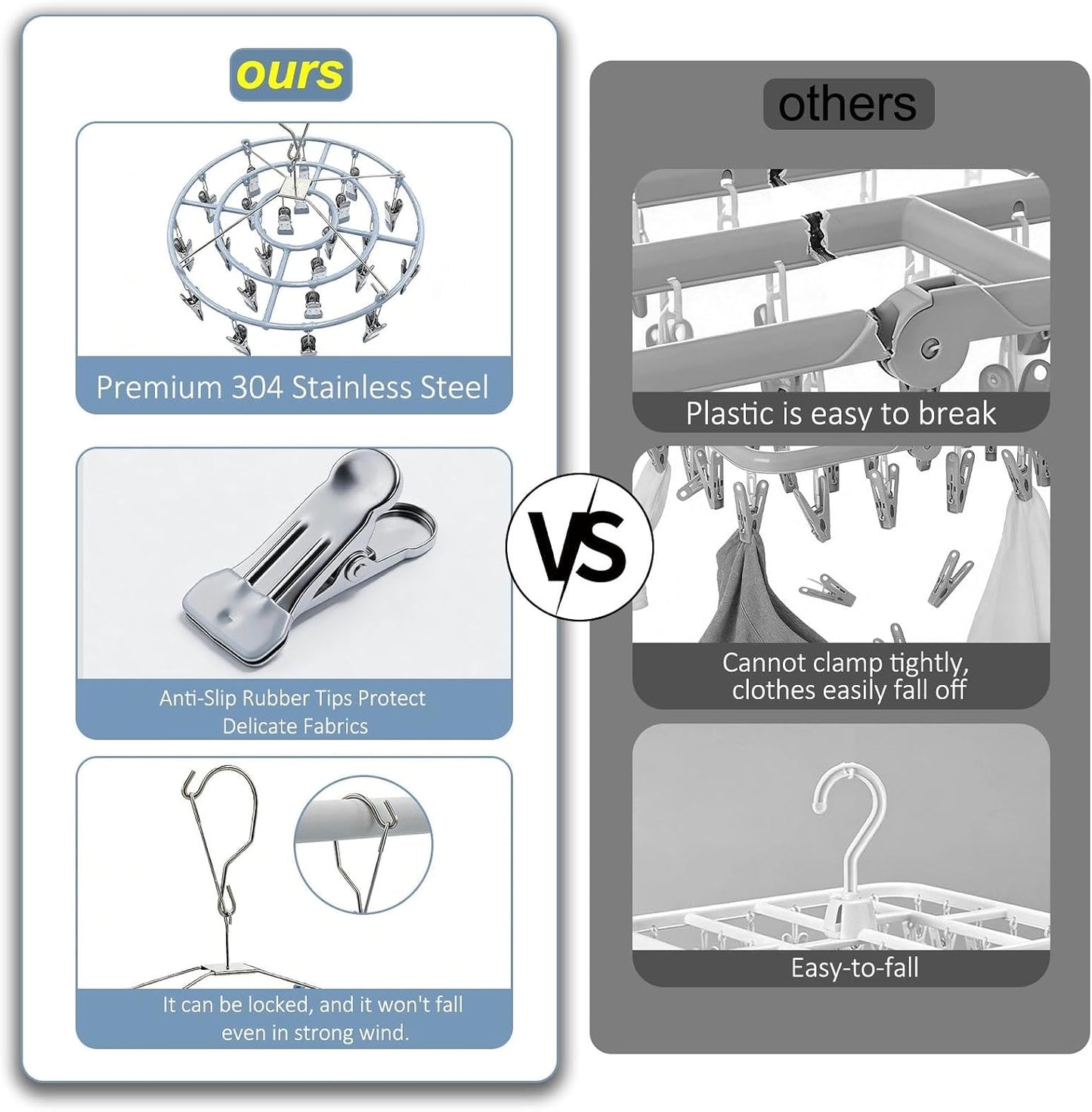 HSJH Stainless Steel Clothe Drying Rack Laundry Drip Hanger 24 Clip Metal Clothespins Round Underwear Lingerie Sock Hat Boot Large Heavy Duty Portable Indoor Outdoor Baby Wet and Dry Dryer (24 Round)
