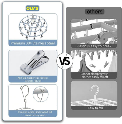 HSJH Stainless Steel Clothe Drying Rack Laundry Drip Hanger 24 Clip Metal Clothespins Round Underwear Lingerie Sock Hat Boot Large Heavy Duty Portable Indoor Outdoor Baby Wet and Dry Dryer (24 Round)